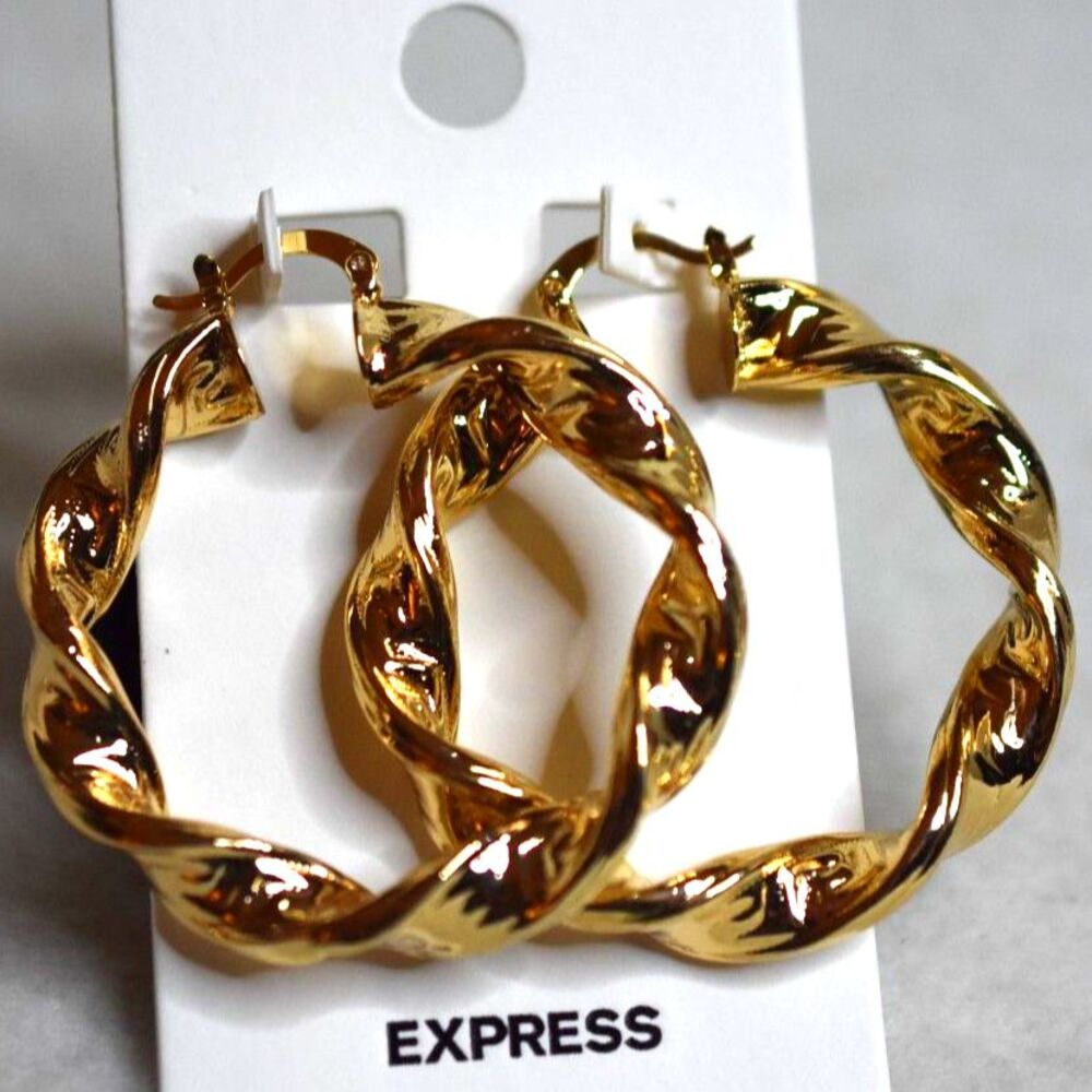 NWT Express Gypsy Style Twisted Gold Tone Hoop Latch Back Closure Earrings